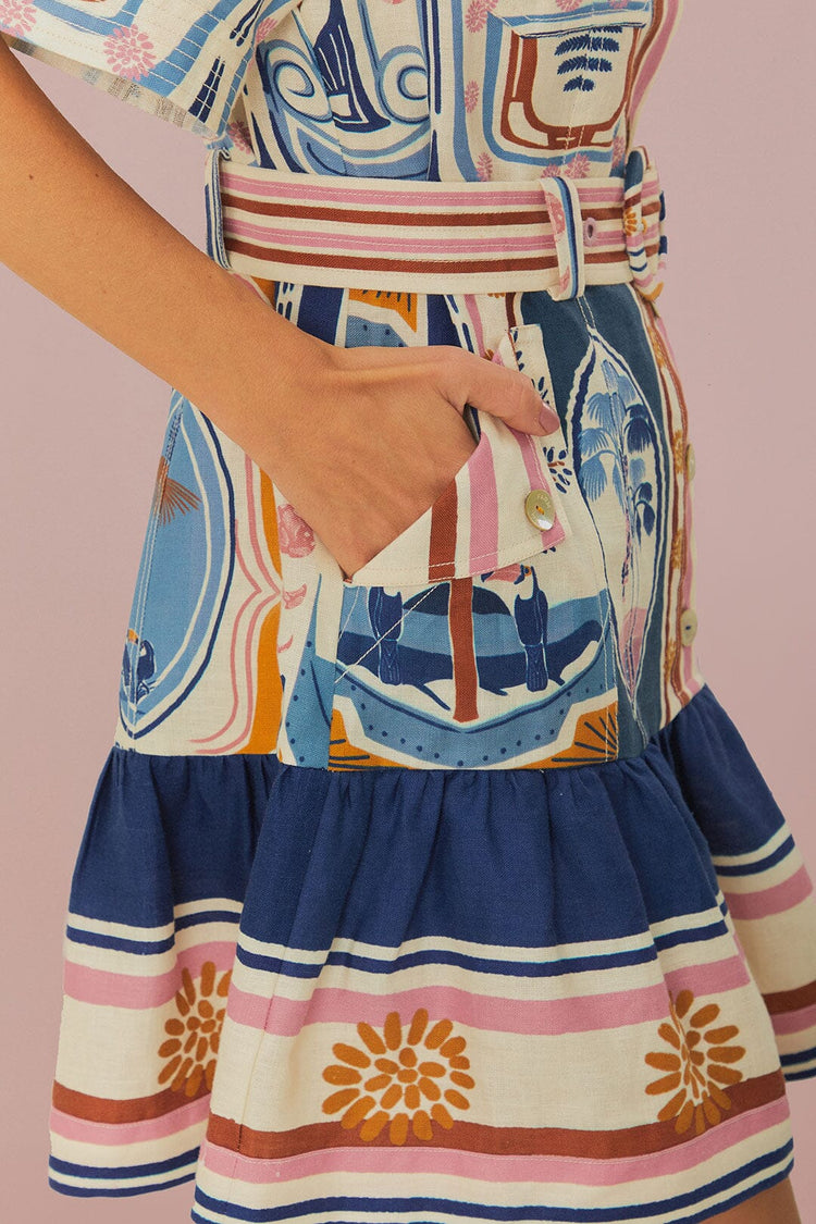 Cream cerrado stamps short sleeve mini dress