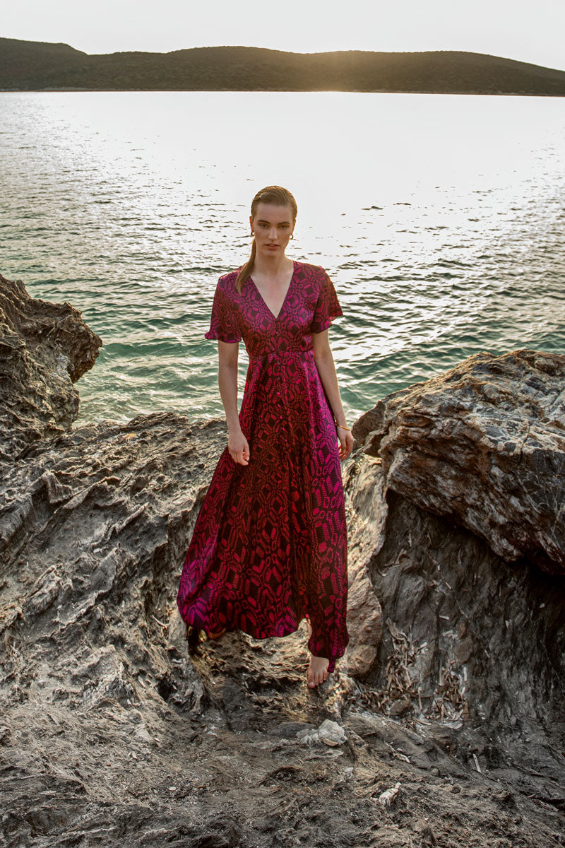 Short-Sleeved Maxi Silk Dress