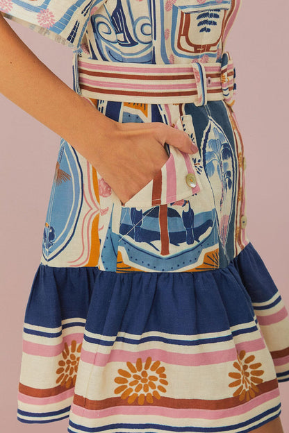 Cream cerrado stamps short sleeve mini dress