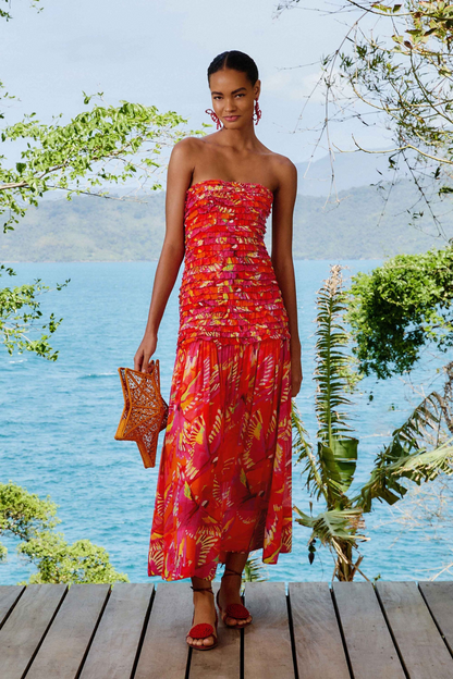 Orange flying birds strapless midi dress