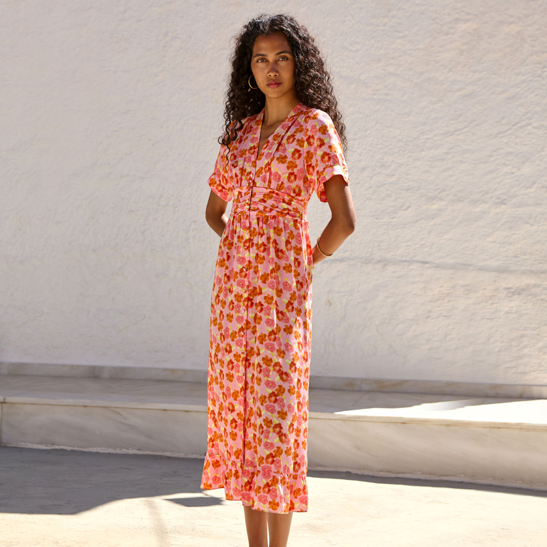 Silk V-Neck Midi Dress